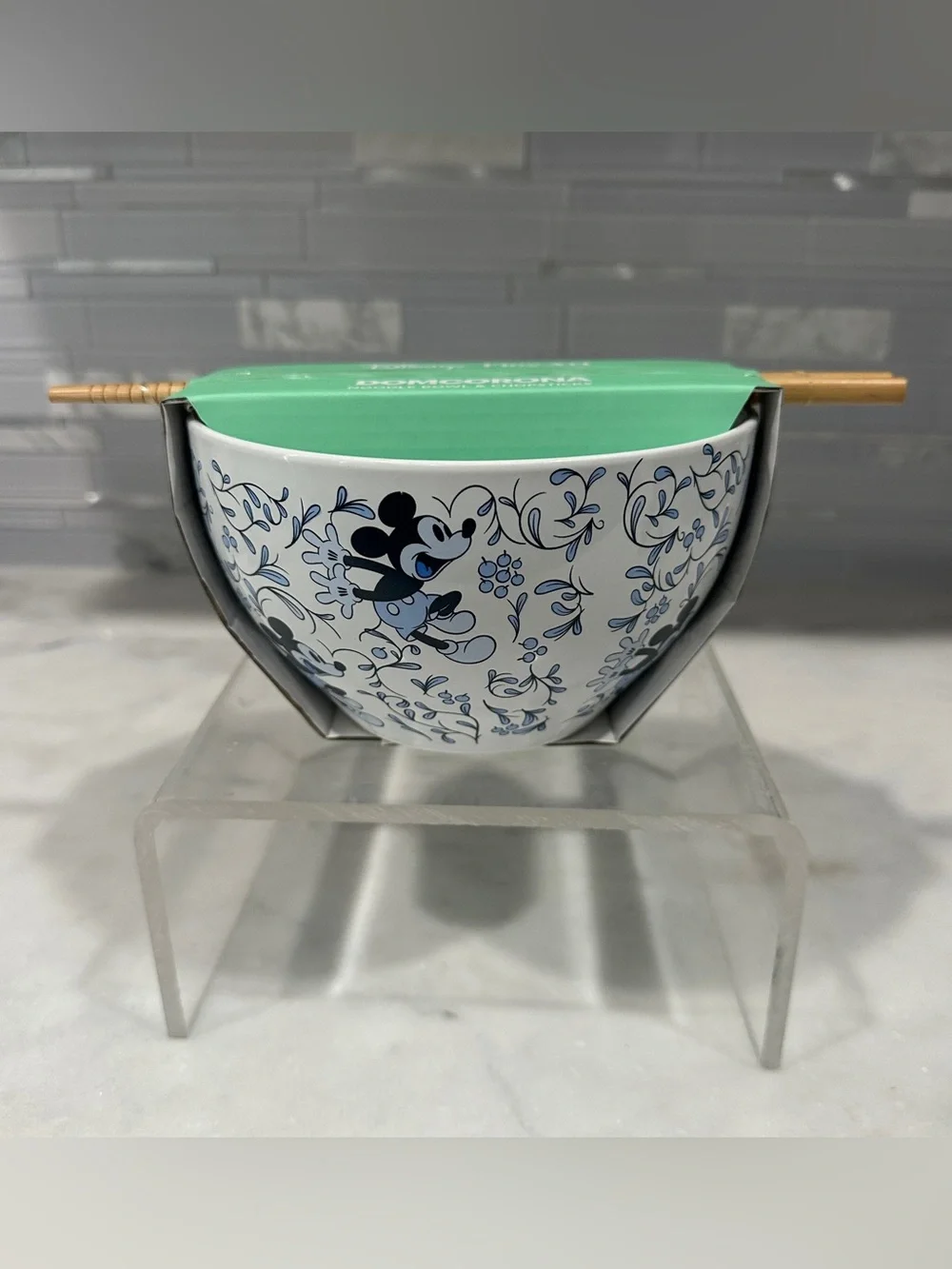 Disney Mickey Mouse Blue Floral Ceramic Noodle Bowl with Chopsticks Set NIB
